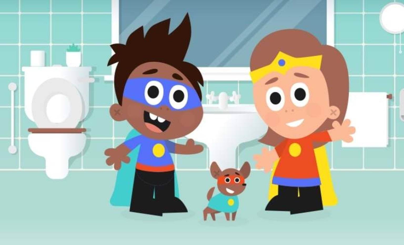 two children dressed in capes and masks with a dog