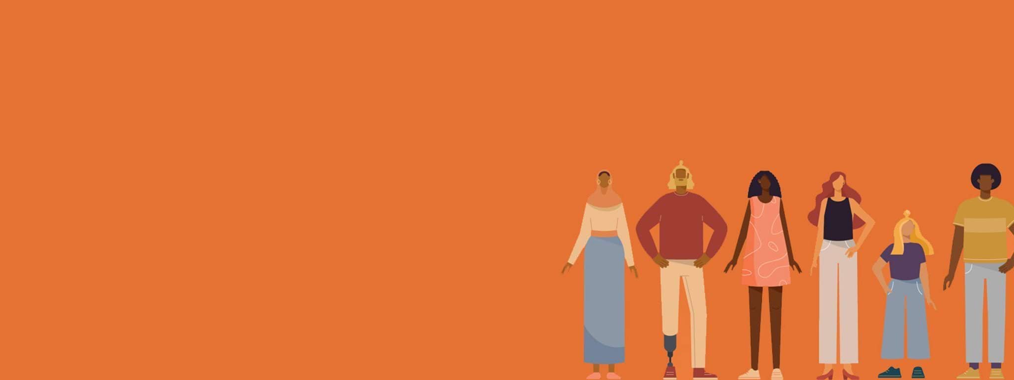illustration of people lined up to the right of the image which has an orange background