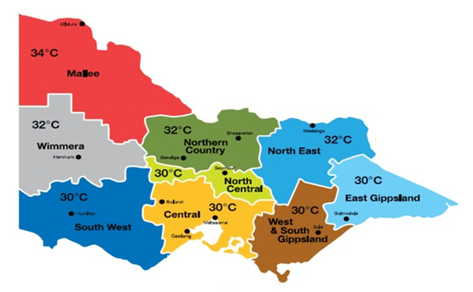 Victorian map image showing weather forecast districts and corresponding heat health temperature