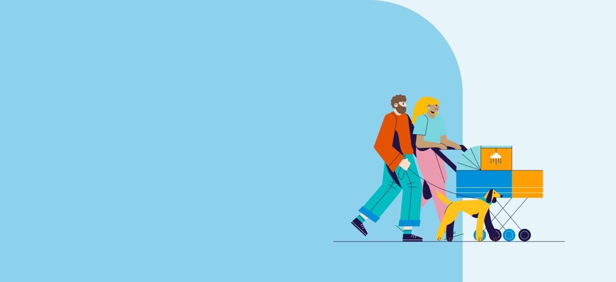 An illustration of people walking on a blue background