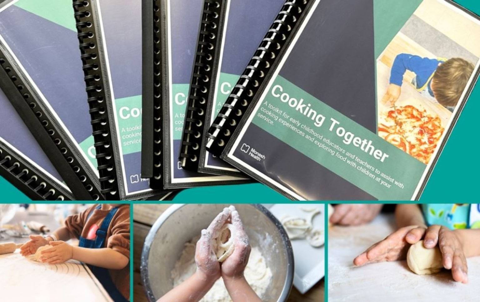 A collage of photos: bound booklets and kids hands preparing dough for cooking.
