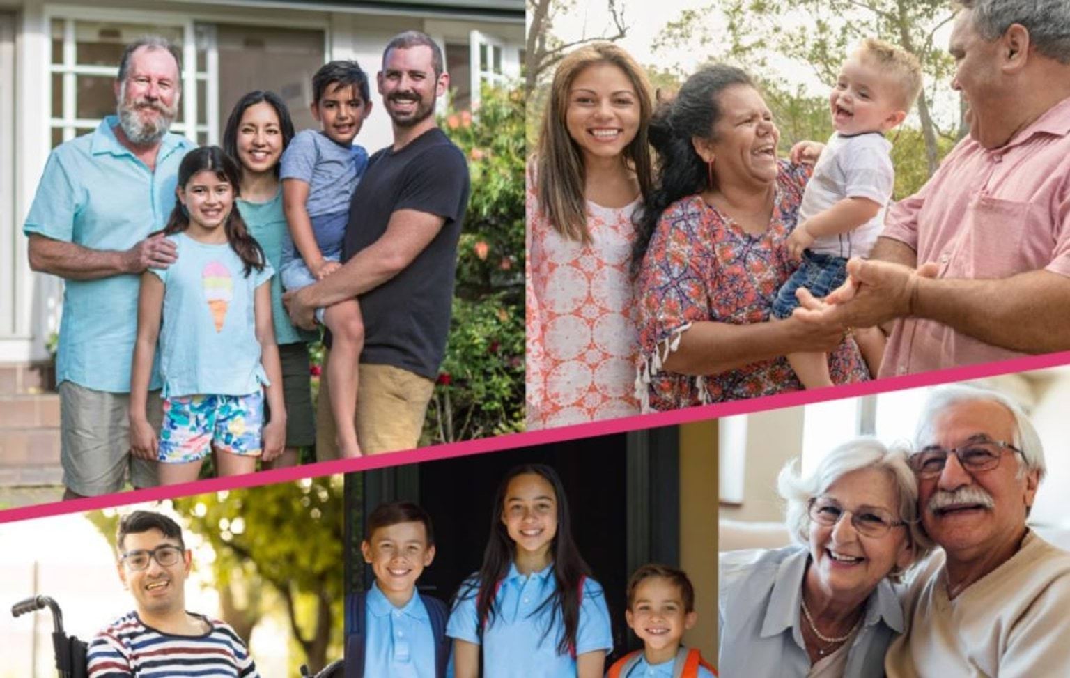 A collage of images featuring a diverse range of families, from children to aged people.