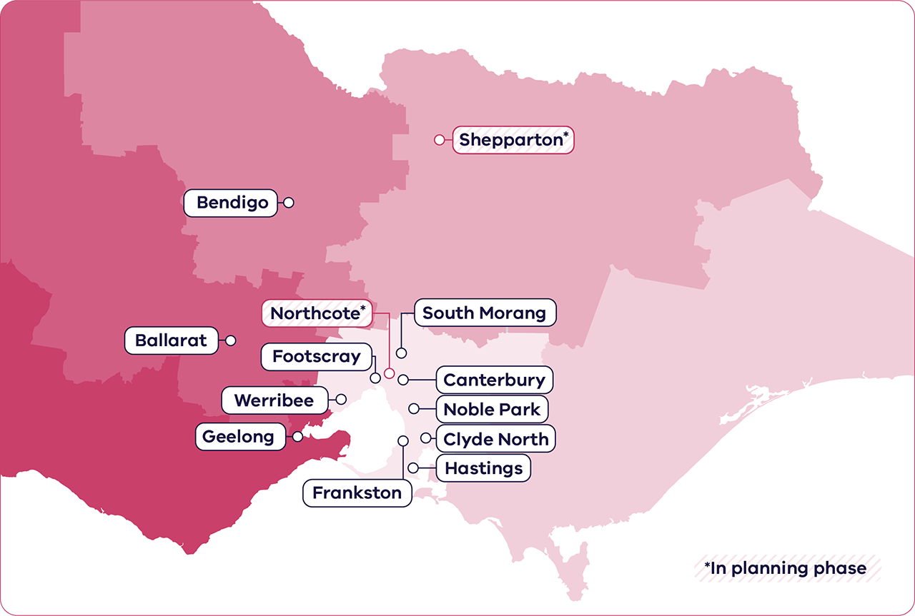 A map of Victoria, Australia, indicating the location of several Early Parenting Centres across the state.