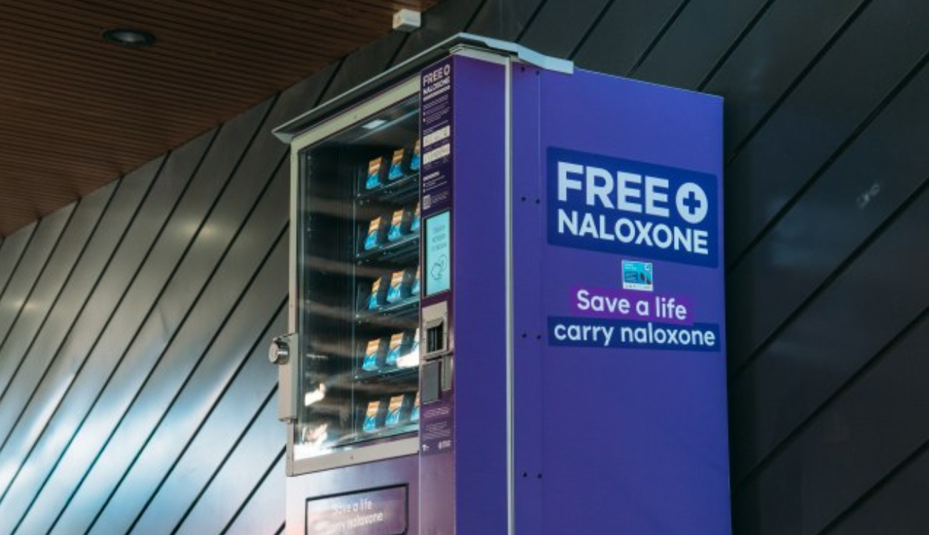 A side view of a naloxone vending machine
