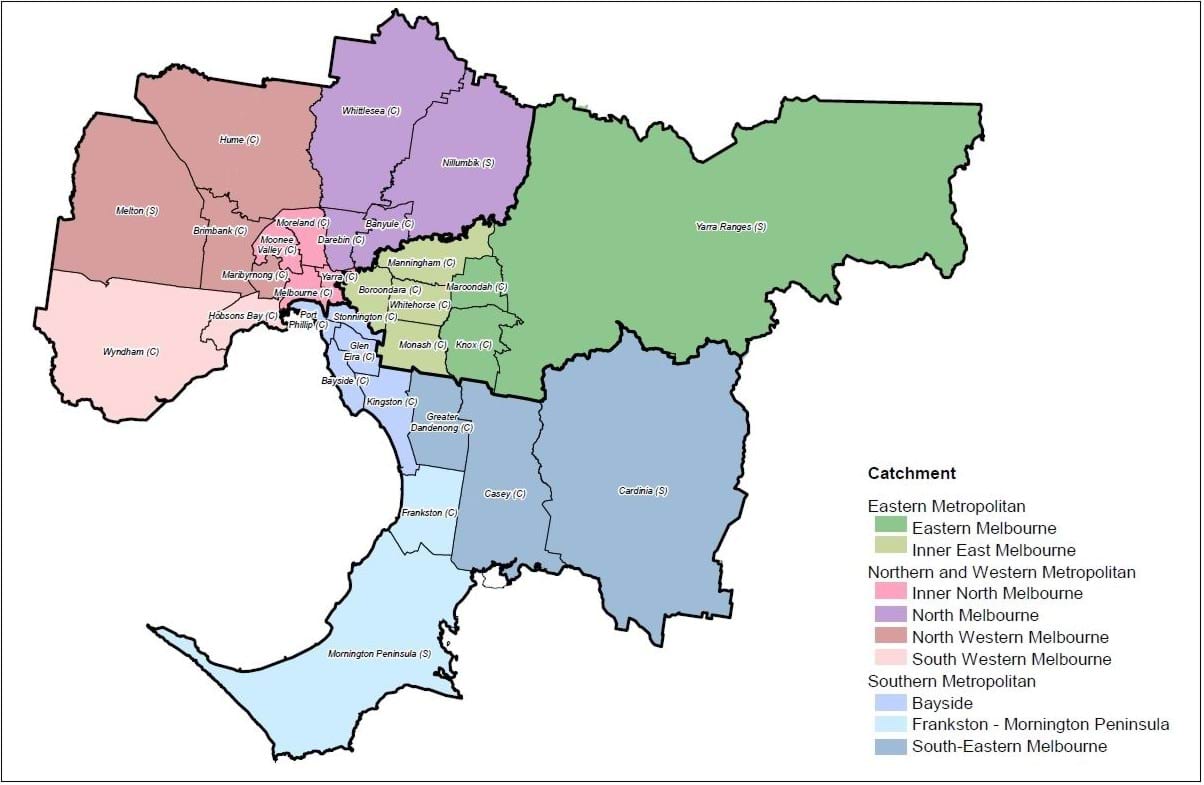 Colorful map of alcohol and other drug treatment catchments - Metro Melbourne 