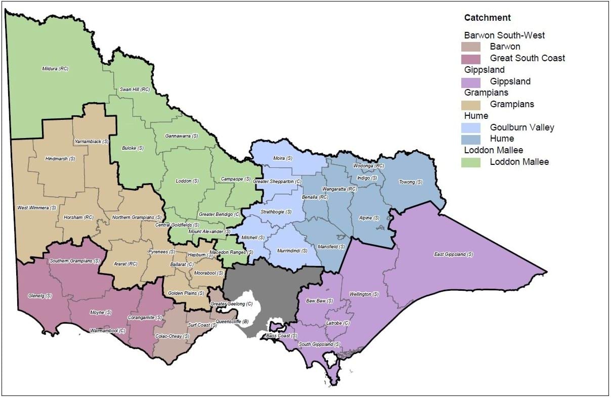 Colorful map of alcohol and other drug treatment catchments - Regional Victoria